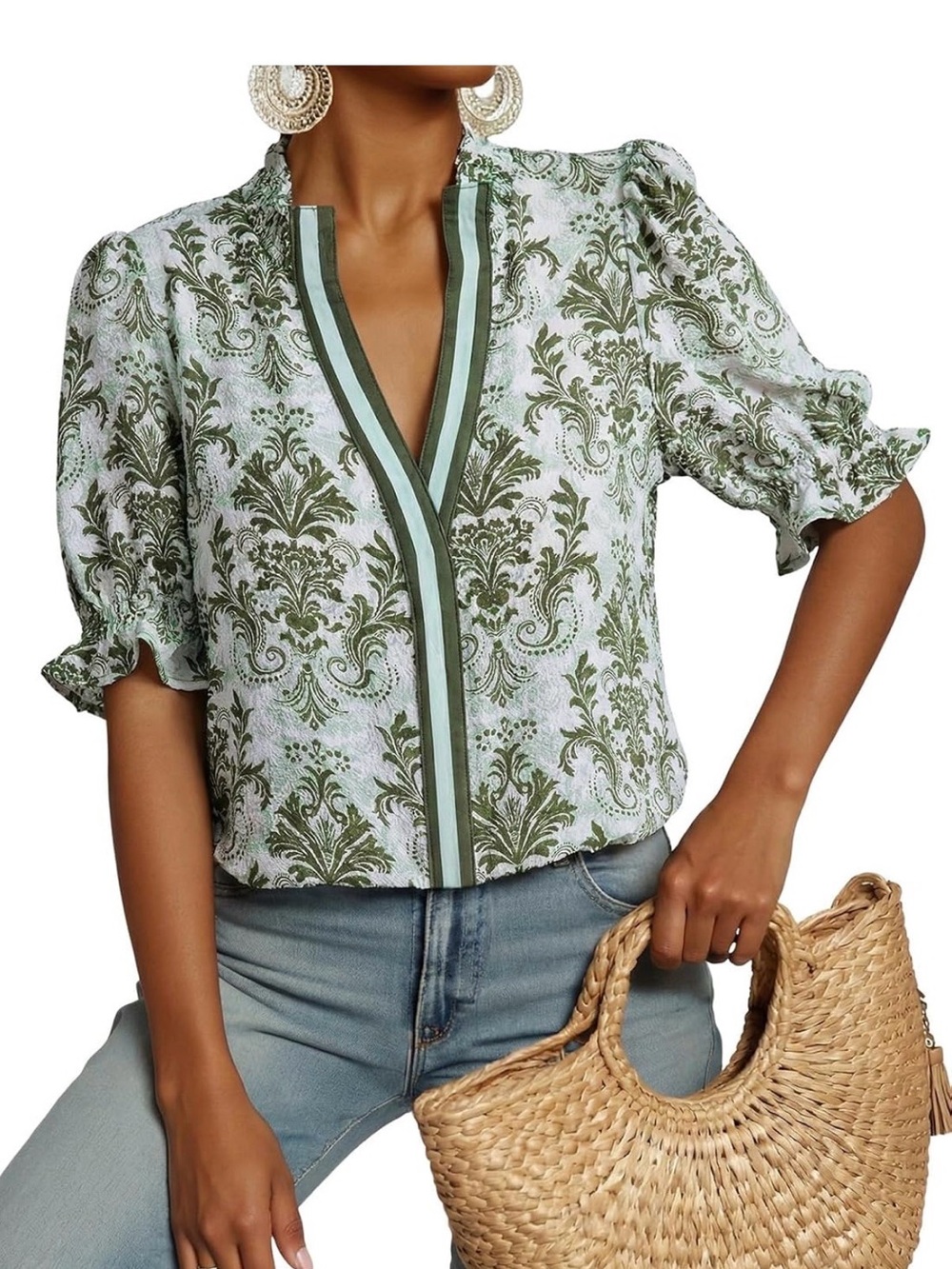 Olive Green Damask Split-Neck Puff Sleeve Blouse
